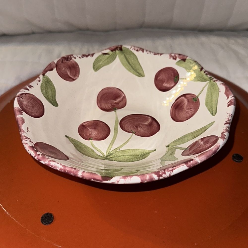 Shabby Chic Cherry Dish off white  Burgundy Green